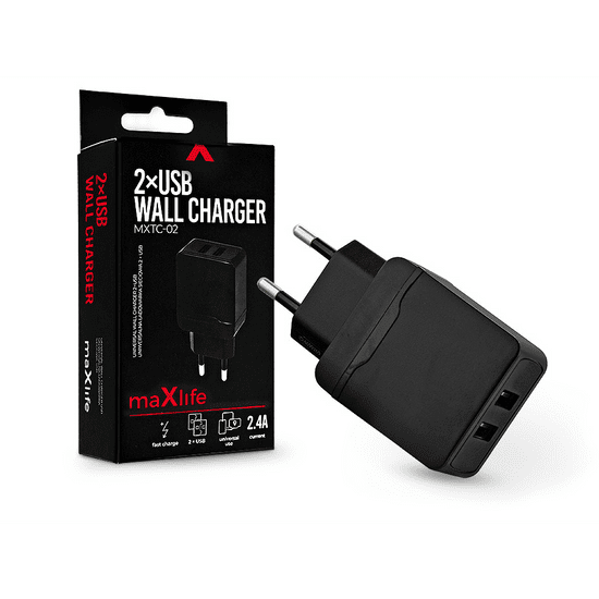 maXlife 2xUSB hálózati töltő adapter - MXTC-02 2xUSB Wall Fast Charger -5V/2,4A - fekete (TF-0013)