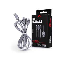 maXlife USB töltő- és adatkábel 1 m-es vezetékkel - 3in1 for Lightning/microUSB/Type-C USB Cable - 5V/2A - ezüst (TF-0168)