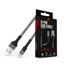 maXlife USB - Lightning adat- és töltőkábel 1 m-es szövet vezetékkel - MXUC-01 8-PIN USB Cable - 5V/2A - szürke/fekete (TF-0172)