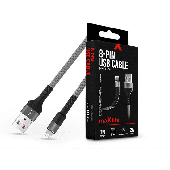 Maxlife USB - Lightning adat- és töltőkábel 1 m-es szövet vezetékkel - Maxlife MXUC-01 8-PIN USB Cable - 5V/2A - szürke/fekete