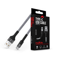 maXlife USB - USB Type-C adat- és töltőkábel 1 m-es szövet vezetékkel - MXUC-01 USB Type-C Cable - 5V/2A - szürke/fekete (TF-0176)