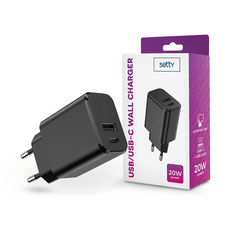 setty. hálózati töltő adapter Type-C + USB bemenettel - 20W - USB/USB-C Wall Charger PD3.0 - fekete (TF-0120)