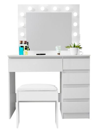 Aga Fésülködőasztal tükörrel, világítással és el.fiókkal + zsámoly Fényes fehér