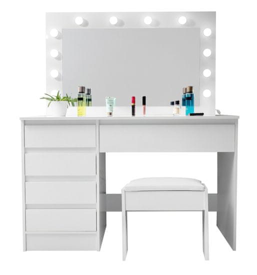 Aga Fésülködőasztal tükörrel és világítással + taburett Fényes fehér