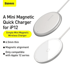 BASEUS Wireless Charger Magnetic Simple Mini with Type-C cable, MagSafe compatible for iPhone, 15W, White (WXJK-F02) (WXJK-F02)