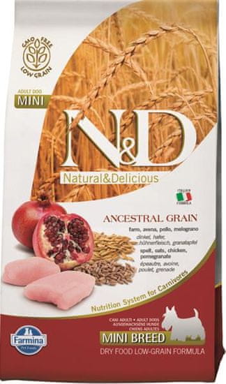 N&D ANCESTRAL GRAIN Dog LG Csirke, tönkölybúza, zab és gránátalma Adult Mini 2,5 kg