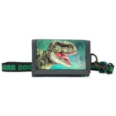 Dino World pénztárca nyakakasztóval, Közeli kép a T-Rex fejéről, zöld felhők a háttérben