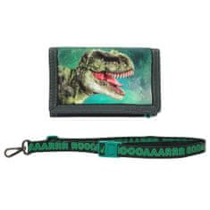Dino World pénztárca nyakakasztóval, Közeli kép a T-Rex fejéről, zöld felhők a háttérben