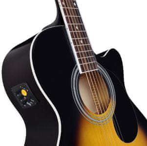 gyönyörű akusztikus gitár soundsation Yellowstone MJCE-SB jumbo mini nagy rezonáns lucfenyő test standard nyomtáv rozetta pozíció pontok