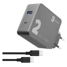 CellularLine hálózati töltő USB / Type-C aljzat (5V/3000 mAh, 48W, PD gyorstöltés tám.+ Type-C - Type-C kábel) FEKETE (ACHITKITC2CQCPD48K) (ACHITKITC2CQCPD48K)