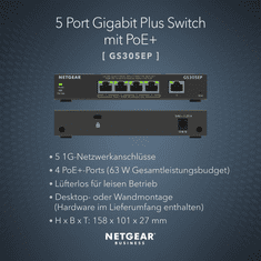 Netgear 5-Port Gigabit Ethernet PoE+ Plus Switch (GS305EP) Vezérelt L2/L3 Gigabit Ethernet (10/100/1000) Ethernet-áramellátás (PoE) támogatása Fekete (GS305EP-100PES)