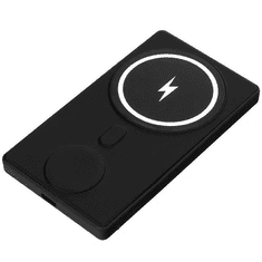 TokShop Külső akkumulátor 3in1, 5000 mAh, Okostelefonhoz és TabletPC-hez, USB Type-C, 3 készülék töltésére alkalmas, Vezeték nélküli töltővel, Magsafe kompabitilis, N66, fekete (138577)