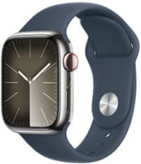 Apple Watch Series 9, Cellular, 41mm, Silver Stainless Steel, Storm Blue Sport Band - S/M (MRJ23QC/A)