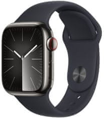 Apple Watch Series 9, Cellular, 41mm, Graphite Stainless Steel, Midnight Sport Band - S/M (MRJ83QC/A)