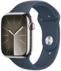 Apple Watch Series 9, mobil, 45mm, ezüst rozsdamentes acél, viharkék sport szíj - S/M (MRMN3QC/A)