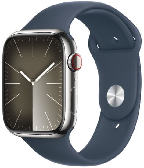 Apple Watch Series 9, mobil, 45mm, ezüst rozsdamentes acél, kék sport szíj - M/L (MRMP3QC/A)