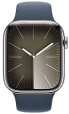 Apple Watch Series 9, mobil, 45mm, ezüst rozsdamentes acél, kék sport szíj - M/L (MRMP3QC/A)