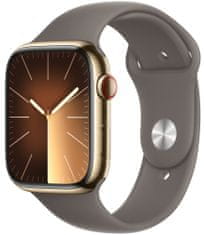 Apple Watch Series 9, mobil, 45mm, arany, rozsdamentes acél, agyag sport szíj - S/M (MRMR3QC/A)