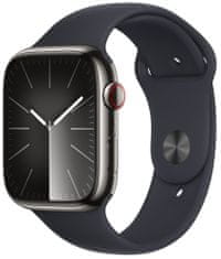 Apple Watch Series 9, mobil, 45mm, grafit rozsdamentes acél, éjféli szíj - M/L (MRMW3QC/A)