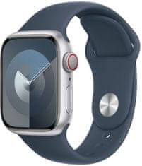 Apple Watch Series 9, Cellular, 41mm, ezüst, viharkék sport szíj - M/L (MRHW3QC/A)