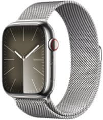Apple Watch Series 9, mobil, 45mm, ezüst rozsdamentes acél, ezüst milánói hurok (MRMQ3QC/A)