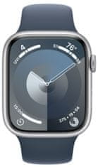 Apple Watch Series 9, mobil, 45mm, ezüst, viharkék sport szíj - S/M (MRMG3QC/A)