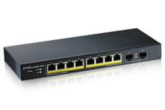 Zyxel GS1900-10HP v2, 10 portos asztali Gigabit Web Smart switch: 8x Gigabit fém + 2x SFP, IPv6, 802.3az (zöld), PoE