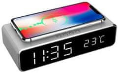 Gembird digitális ébresztőóra vezeték nélküli töltő funkcióval okostelefonhoz, ezüst színű