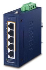 Planet IGS-504PT Ipari PoE switch, 5x1Gb, 4x PoE 802.3at 120W, -40-75°C, kettős 48-54VDC, IP30, ventilátor nélkül