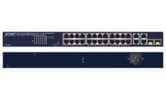 Planet GSW-2824P PoE switch, 26x 1Gb + 2x SFP 1Gb, VLAN, bővítési mód 10Mb-250m, 802.3at, 802.3az, 250W PoE Budget