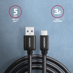 AXAGON BUCM3-AM15AB, SPEED kábel USB-C <-> USB-A, 1.5m, USB 3.2 Gen 1, 3A, ALU, fonott, fekete