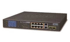 Planet GSD-1222VHP PoE switch, 8x PoE + 2x 1000Base-T + 2x SFP, LCD, VLAN, bővítési mód 10Mb-250m, IEEE 802.3at 120W