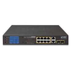 Planet GSD-1222VHP PoE switch, 8x PoE + 2x 1000Base-T + 2x SFP, LCD, VLAN, bővítési mód 10Mb-250m, IEEE 802.3at 120W