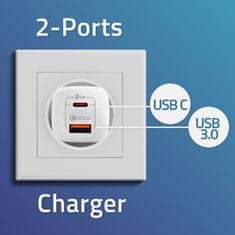 Qoltec  hálózati töltő 65W GaN ULTRA | 5-20V | 2,25-3,25A | 1 x USB C típusú PD | 1 x USB QC 3.0 | Fehér színű