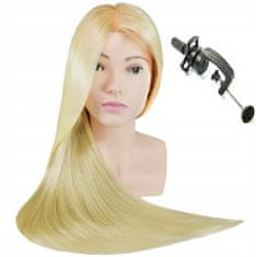 Enzo Ula gyakorló babafej vállakkal 70 cm-es szőke hőálló termikus hajból+ asztali tartó állvány, gyakorló fej, modellező fej