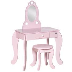 HOMCOM Gyermek fésülködő asztal fa székkel, 60x36x88cm - rózsaszín