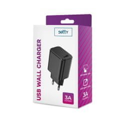 setty. hálózati töltő 1x USB-A 3A, fekete (GSM106084)