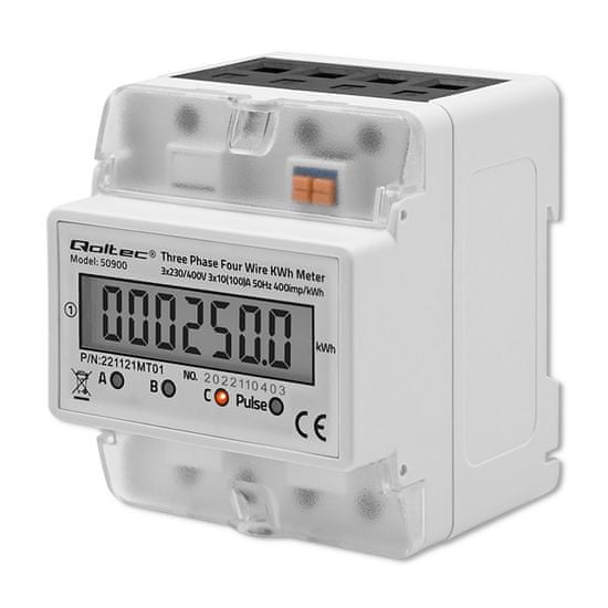 Qoltec háromfázisú elektronikus mérő | DIN sínes energiafogyasztásmérő | 400V | LCD | 4P
