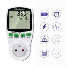 Qoltec Wattmérő PM0627 energiafogyasztás-mérő mérési előzményekkel| 3680W | 16A | LCD kijelző | 3680W | 16A | LCD
