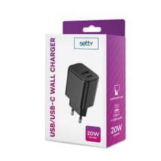 setty. hálózati töltő 1x USB + USB-C 3A 20W fekete (GSM106082)