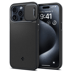 Spigen Apple iPhone 15 Pro Max, Szilikon tok, közepesen ütésálló, kamera védelem, Magsafe töltővel kompatibilis, Optik Armor Mag, fekete (TS0219)