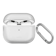 UNIQ Bluetooth fülhallgató töltőtok tartó, szilikon, vezeték nélküli töltés támogatás, karabiner, Apple AirPods 3 kompatibilis, Glase, átlátszó (S62274)