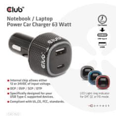 Club 3D Autós laptop töltő 63W, 2 port CAC-1922 (USB-A + USB-C)