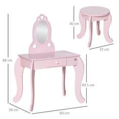 HOMCOM Gyermek fésülködő asztal fa székkel, 60x36x88cm - rózsaszín