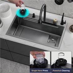 Netscroll Multifunkciós rozsdamentes acél mosogató, kihúzható csaptelep, 3-féle vízáram, szappanadagoló, poháröblítő, további tárolóedények, vágódeszka, ideális megoldás a modern konyhák számára, SinkLux