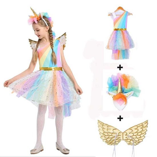 BigBuy Farsangi unikornis jelmez kislányoknak szivárványszínű ruhával, fejdísszel és szárnyakkal - M méret - 120 cm magasságra (BBJ)