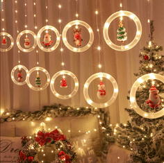 BigBuy Karácsonyi fényfüzér 10 db gyűrűvel, 5 féle dísszel - lógó ablakdísz 110LED, 3M, melegfehér - (BBV)