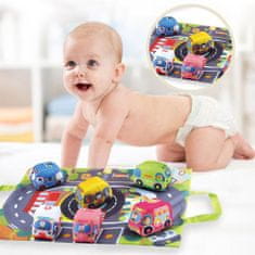 BigBuy 6 db-os baba-biztos játékautó készlet sarkok és apró alkatrészek nélkül - puha, csörgő plüss járművek 2in1 hordozótáskával és játszószőnyeggel (BBJ)