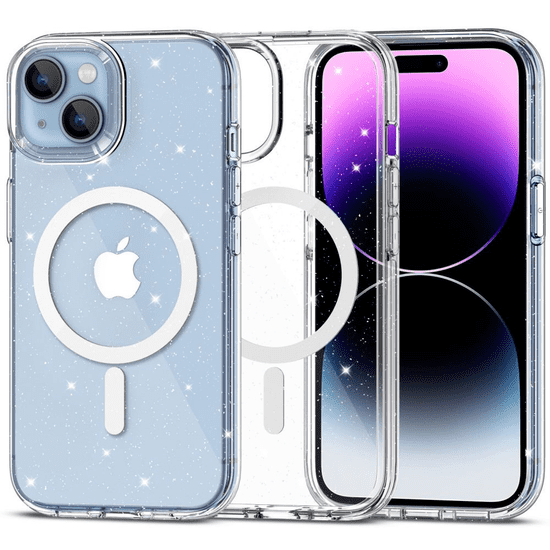 TokShop Apple iPhone 15 Plus, Műanyag hátlap védőtok + szilikon keret, Magsafe töltővel kompatibilis, csillogó hátlap, FlexAir Hybrid Magsafe Glitter, átlátszó (TS0181)