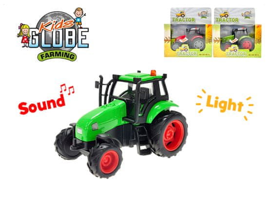 Kids Globe 11 cm-es fém traktor lendkeréken, fény és hang - színkeverék (piros, zöld, világoszöld)